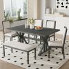 TOPMAX Farmhouse Classical 6-Piece Dining Table Set with Trestle Legs,Kitchen Table Set for 6 with 4 Upholstered Dining Chairs and Bench, Grey