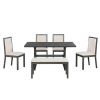TOPMAX Farmhouse Classical 6-Piece Dining Table Set with Trestle Legs,Kitchen Table Set for 6 with 4 Upholstered Dining Chairs and Bench, Grey