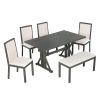 TOPMAX Farmhouse Classical 6-Piece Dining Table Set with Trestle Legs,Kitchen Table Set for 6 with 4 Upholstered Dining Chairs and Bench, Grey