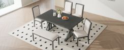 TOPMAX Farmhouse Classical 6-Piece Dining Table Set with Trestle Legs,Kitchen Table Set for 6 with 4 Upholstered Dining Chairs and Bench, Grey