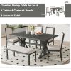 TOPMAX Farmhouse Classical 6-Piece Dining Table Set with Trestle Legs,Kitchen Table Set for 6 with 4 Upholstered Dining Chairs and Bench, Grey