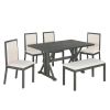 TOPMAX Farmhouse Classical 6-Piece Dining Table Set with Trestle Legs,Kitchen Table Set for 6 with 4 Upholstered Dining Chairs and Bench, Grey